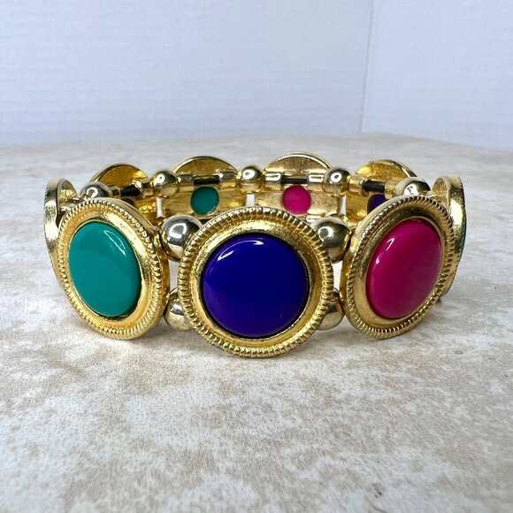 Gold Tone Stretch Bracelet Multi-Color Cabochons - Picture 2 of 3